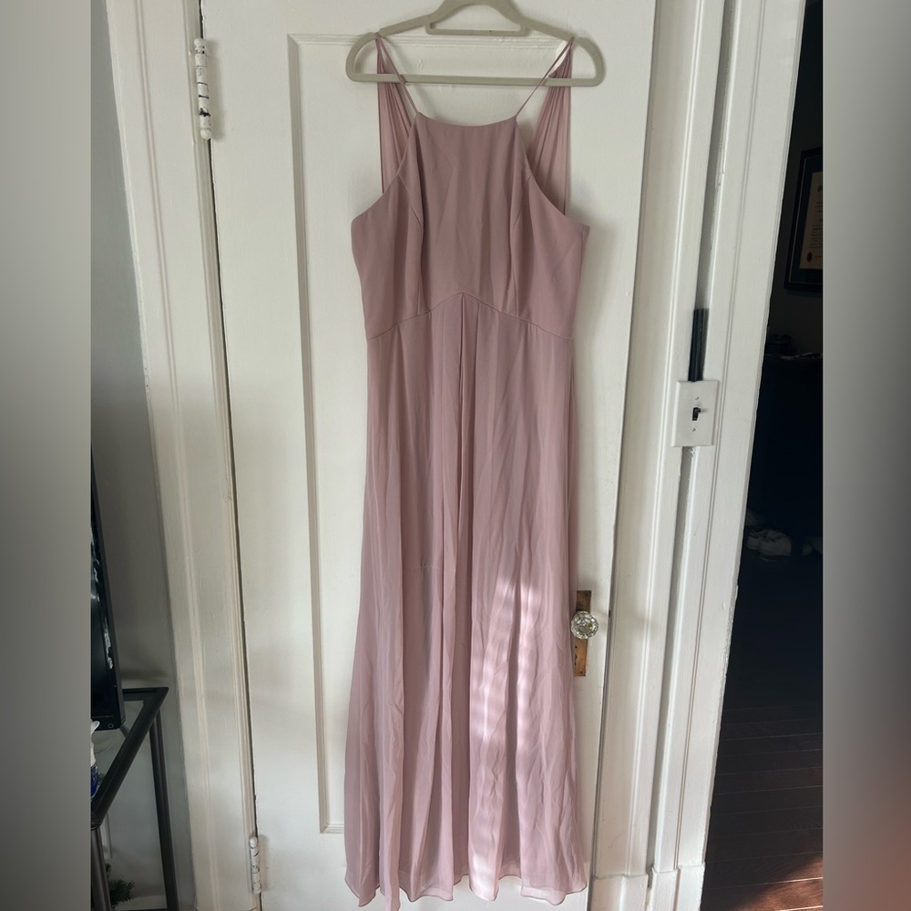 Worn once 
Levkoff halter neck chiffon A-line gown
Size 14
“Frost Rose” pink
